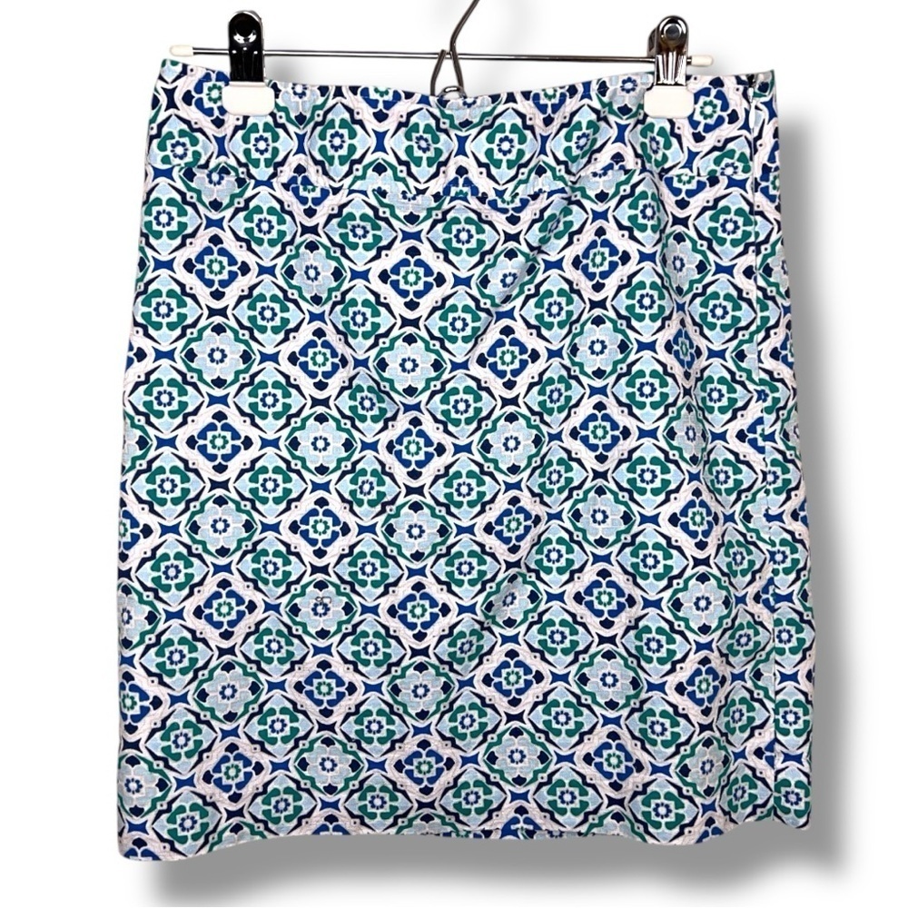 Size 6 Ann Taylor Blue Green White Geometric Pencil Skirt Lined Boho Bohemian